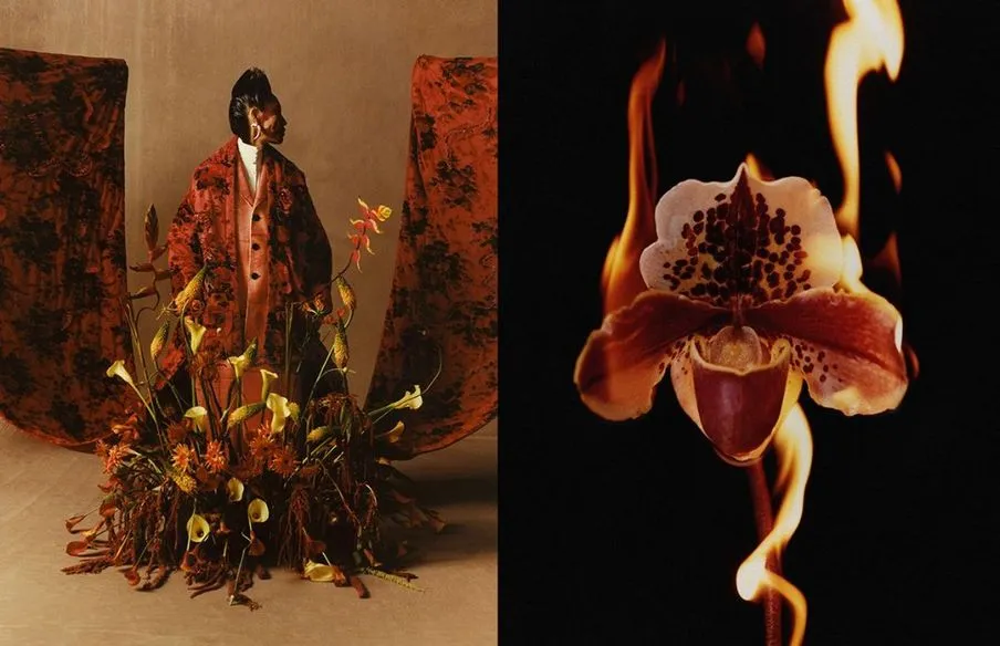 Diptych of a figure in a red patterned coat standing among calla lilies and dried flowers, beside a spotted orchid surrounded by flame. Photography by Cho Gi-Seok.
